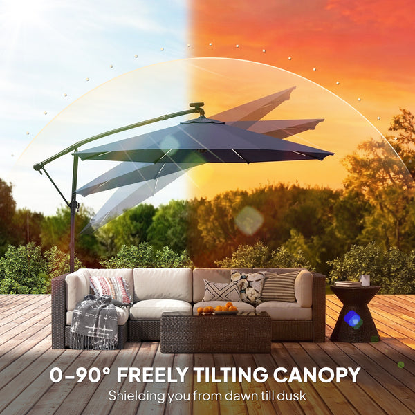3m cantilever parasol with solar lighting, 360° rotation, tilt, and protective cover, navy blue