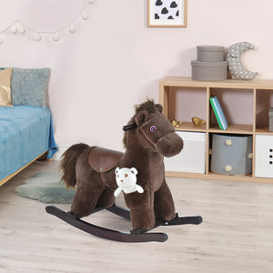 Plush rocking horse with teddy bear, brown and white