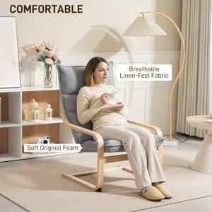 Modern upholstered armchair with curved legs and armrests, light grey