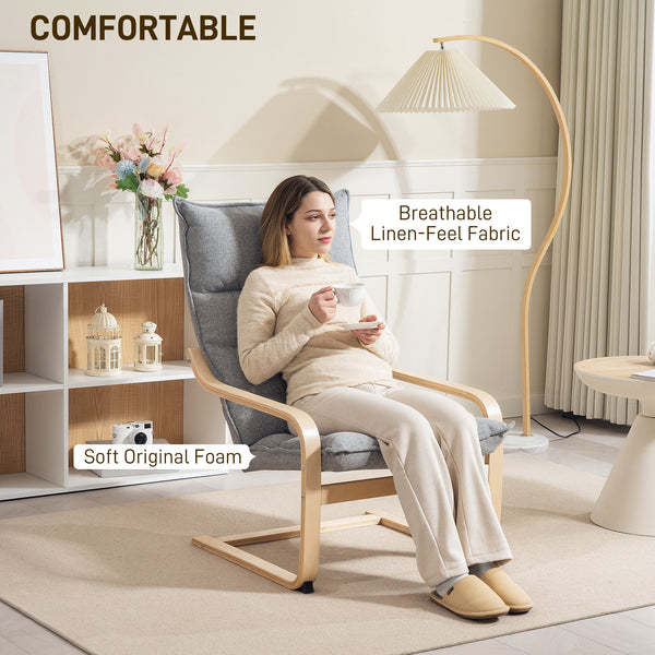 Modern upholstered armchair with curved legs and armrests, light grey