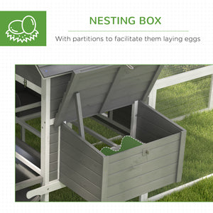 Wooden chicken coop with nesting boxes, run, doors, tray, and ramp for 4 to 6 chickens