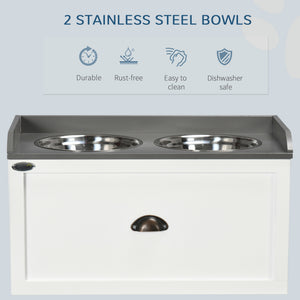 Elevated dog bowls with storage, white