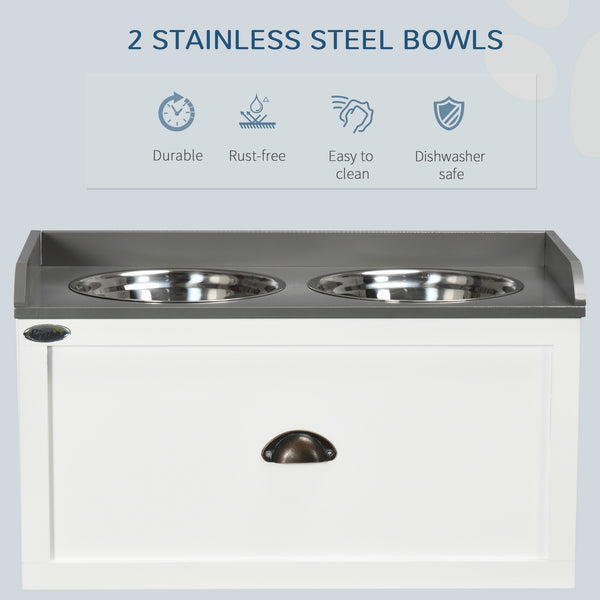 Elevated dog bowls with storage, white
