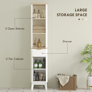 170 cm high, narrow bathroom cabinet with 3 open shelves, drawer and 2 adjustable shelves, white 
