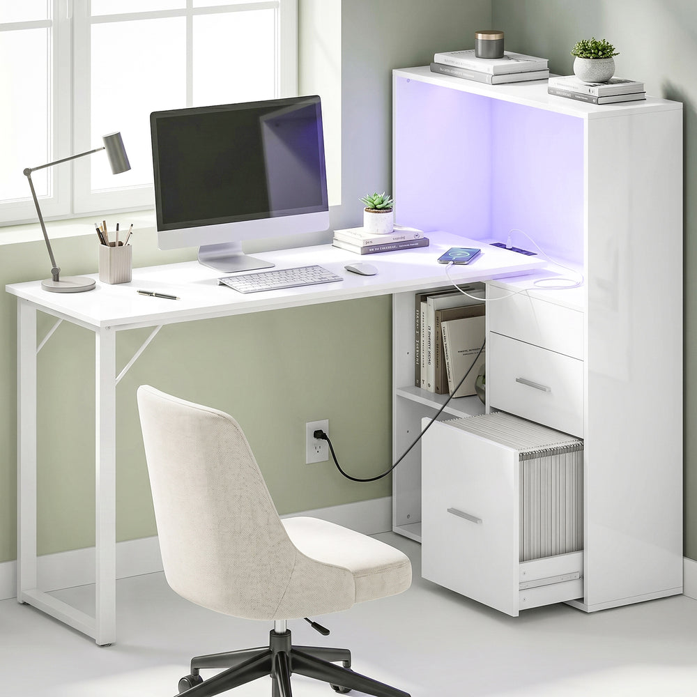 54" Computer Desk with Drawers and Storage, Power Outlets and LED Lighting, White