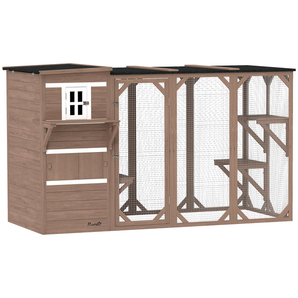 Wooden cat enclosure with asphalt roof, platforms and lockable doors, brown.