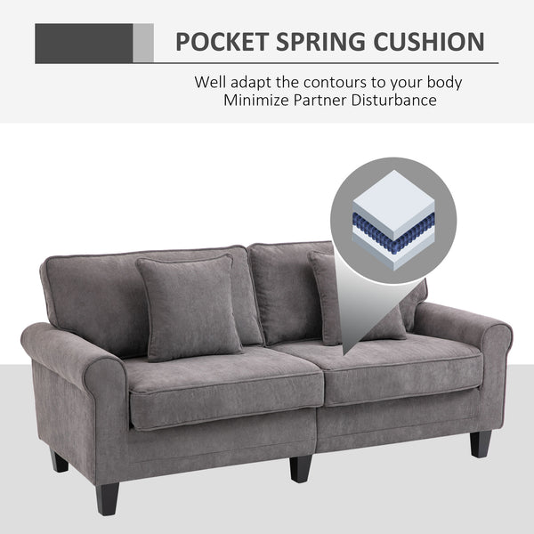 Modern 3-seater corduroy sofa with pine legs and rolled armrests, light grey