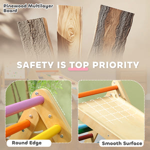 3-in-1 Multi-Colored Climbing Set with Ramp for Toddlers in Natural Wood