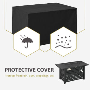 Outdoor propane gas fire pit with steel tray and lid and glass windscreen