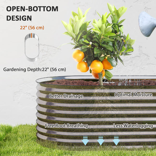 Jardinière ovale surélevée galvanisée avec bordure de sécurité et gants inclus, couleur argent.