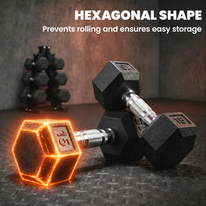 Set of 8 hexagonal dumbbells from 15 to 30 lbs with vertical storage rack