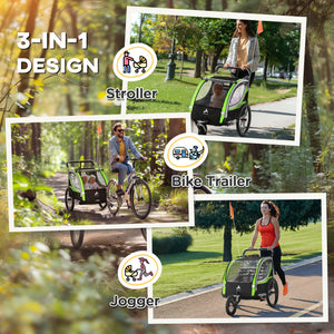 3-in-1 bike trailer with 5-point harness, storage, green