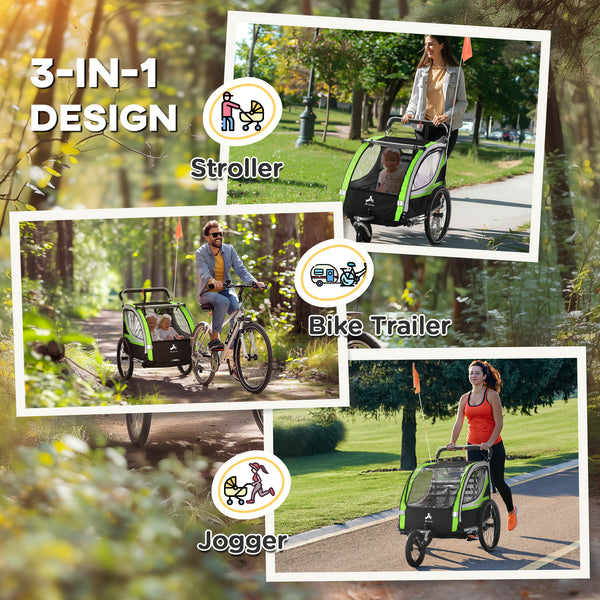 3-in-1 bike trailer with 5-point harness, storage, green
