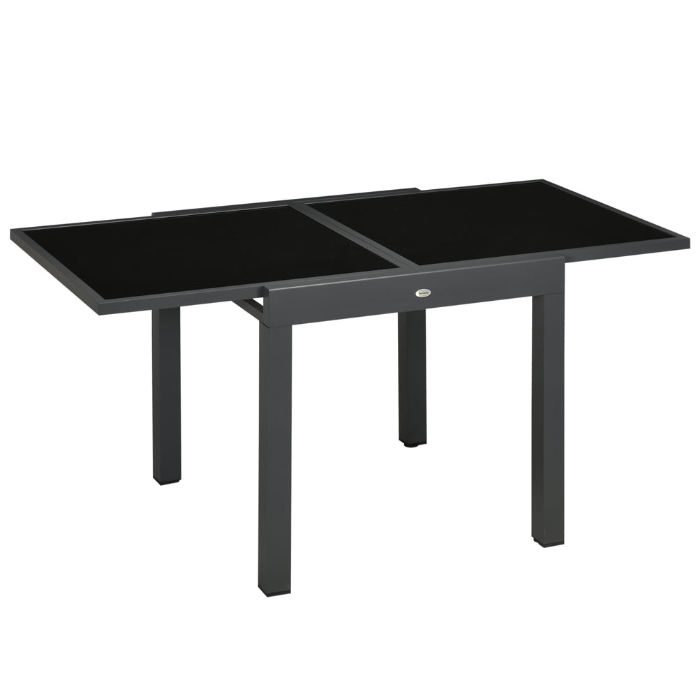 Extendable garden table with aluminum frame and tempered glass top, black