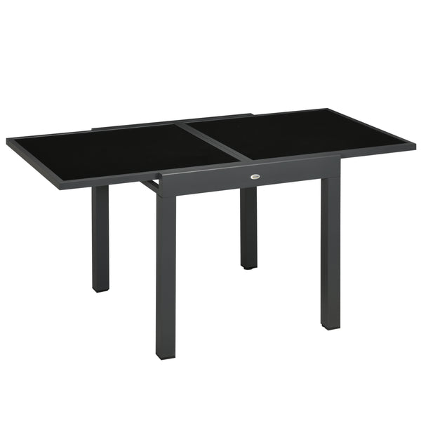 Extendable garden table with aluminum frame and tempered glass top, black