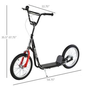 Scooter with 16-inch inflatable wheels and double brakes, black