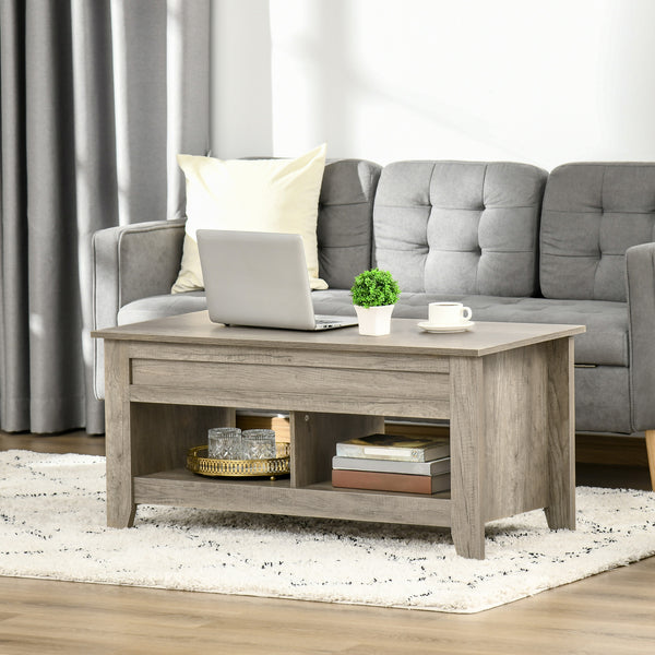 Lift-up center table for living room, oak effect