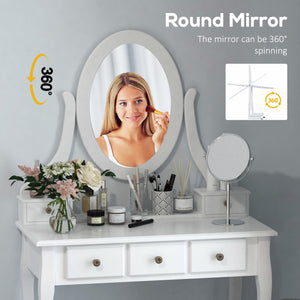 Wooden dressing table with 360° rotating mirror, 5 drawers and padded stool, white