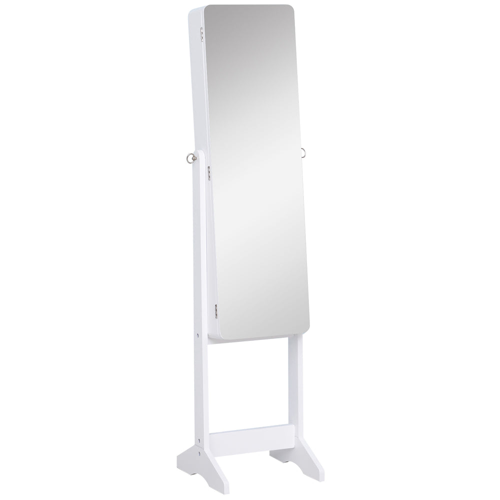 Freestanding jewelry cabinet with mirror, LED lighting and stand, white