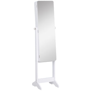 Freestanding jewelry cabinet with mirror, LED lighting and stand, white
