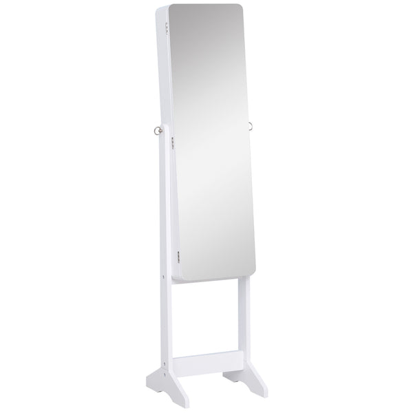 Freestanding jewelry cabinet with mirror, LED lighting and stand, white