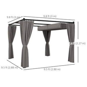 10' x 10' Retractable Pergola, Garden Shelter with Curtains, Light Gray