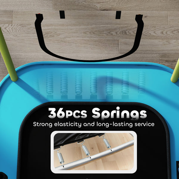 Trampoline with slide, swing, basketball hoop and safety net, light blue 