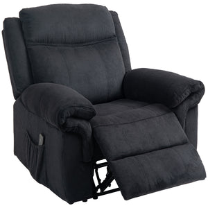 Manual reclining armchair with vibration massage, side pockets, in corduroy, black