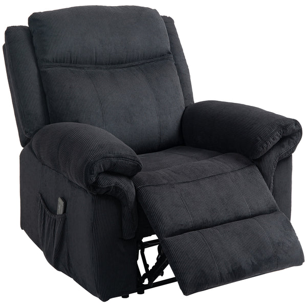 Manual reclining armchair with vibration massage, side pockets, in corduroy, black