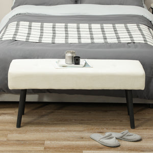 Corduroy Upholstered Ottoman Bench with Steel Legs, Cream White
