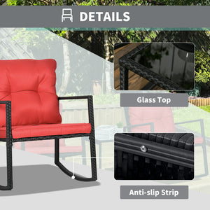 3-piece bistro set in woven resin with coffee table and rocking chairs, red