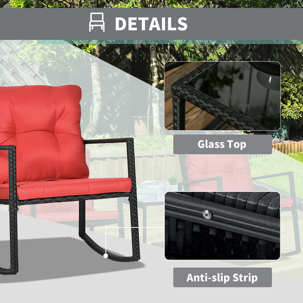 3-piece bistro set in woven resin with coffee table and rocking chairs, red