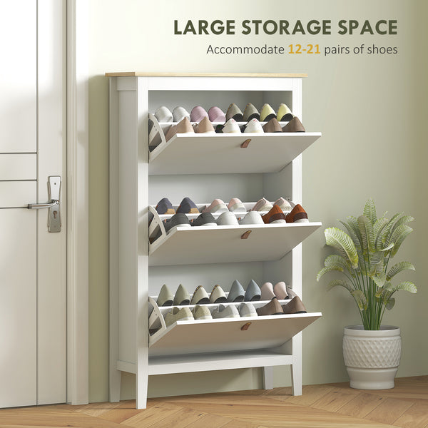 Narrow white and oak-effect shoe cabinet with 3 tilt drawers – 15 to 21 pairs