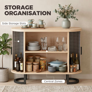 Sideboard Buffet Cabinet with Curved Tambour Doors, Thick Tabletop and Arc Metal Legs Natural Wood