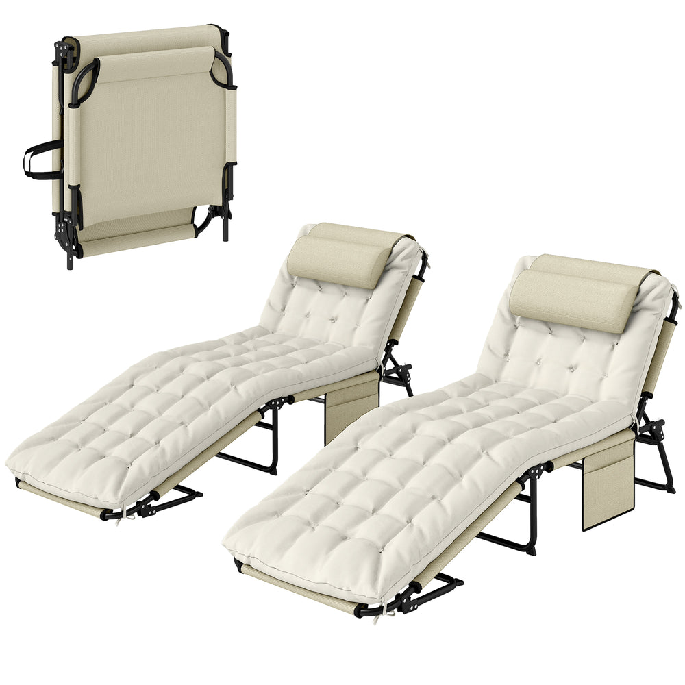 2-Piece Folding Lounge Chairs with Adjustable Backrest, Tanning Chair with Cushion, Side Pocket, Headrest, Beige