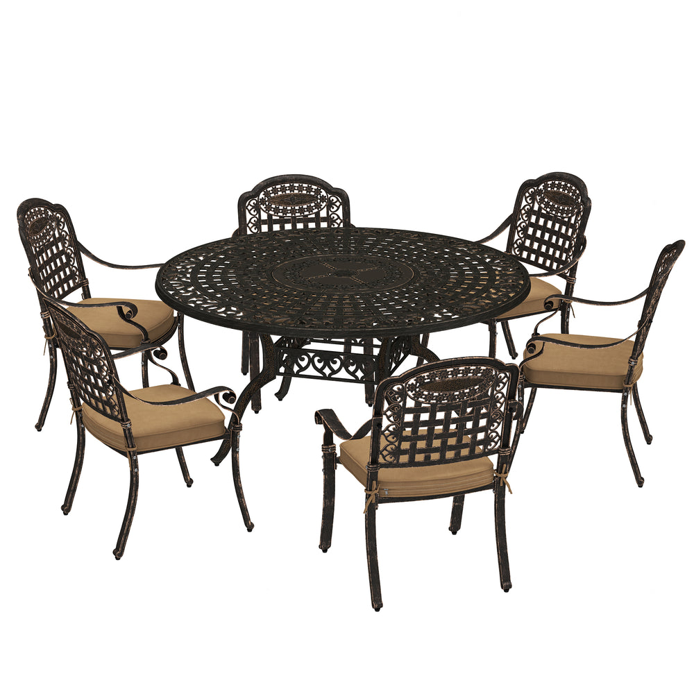 Ensemble de salle à manger de jardin 7 pièces en aluminium bronze avec coussins et trou pour parasol, pour 6 personnes