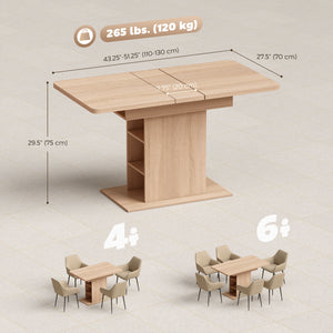 Extendable dining table for 4 to 6 people with 6 open shelves, in natural wood.