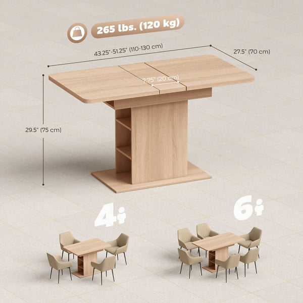 Extendable dining table for 4 to 6 people with 6 open shelves, in natural wood.