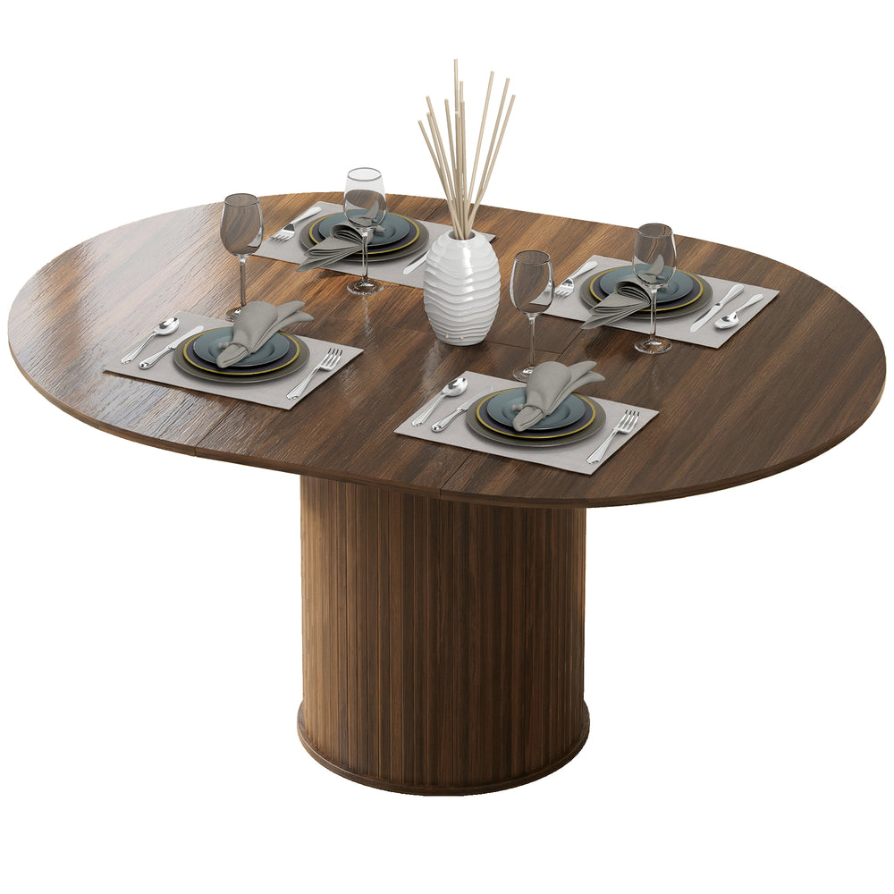 Extendable kitchen table for 6 to 8 people, farmhouse style, with a central pedestal and a walnut finish.