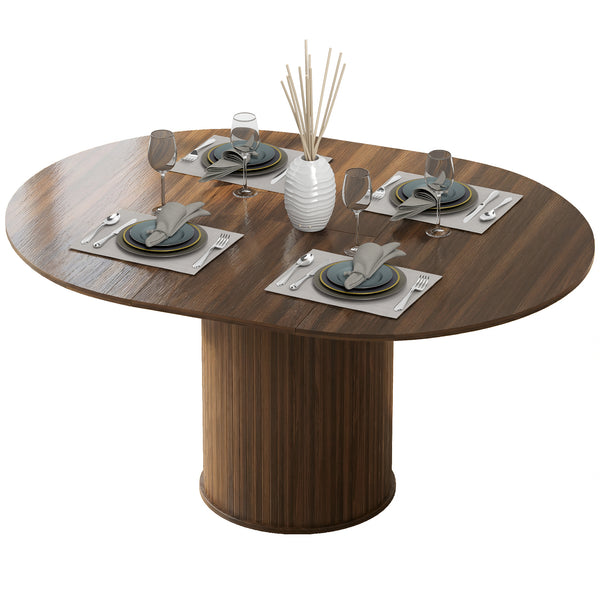 Extendable kitchen table for 6 to 8 people, farmhouse style, with a central pedestal and a walnut finish.