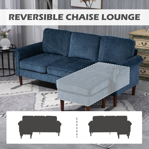 Modern corner sofa with removable chaise longue, wooden legs, dark blue