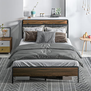 Queen Size Bed Frame with Charging Station, Upholstered Headboard, Walnut