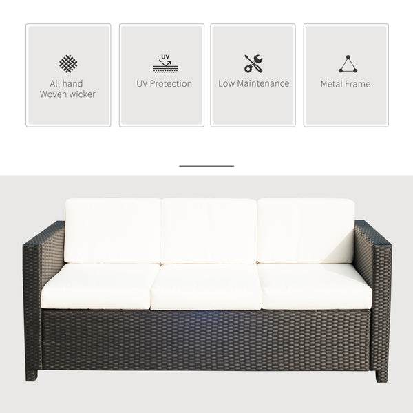 3 Seater Rattan and Wicker Sofa, Outdoor Garden Furniture with Cushion, Cream White