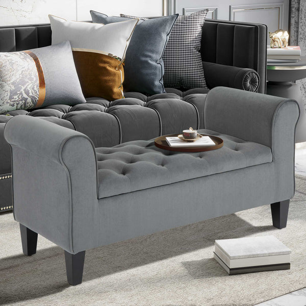 Button Tufted Storage Ottoman Bench, Gray