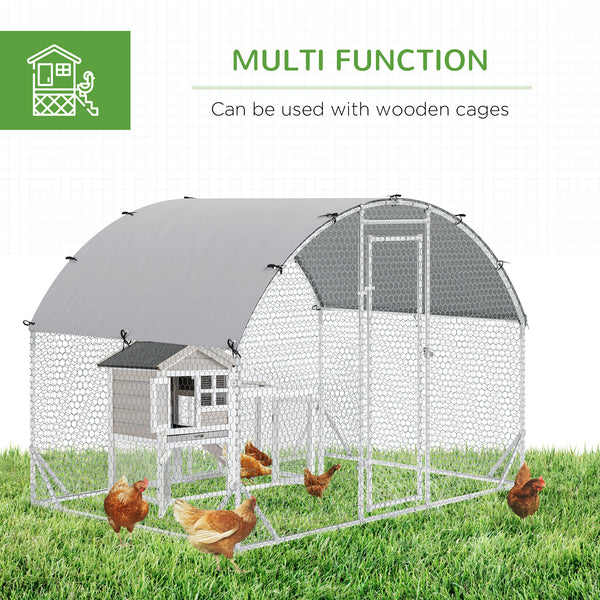 Galvanized metal chicken coop with outdoor run, silver