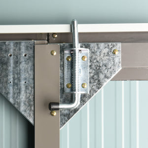 Metal garden shed with lockable door, ventilation, sloping roof, light grey