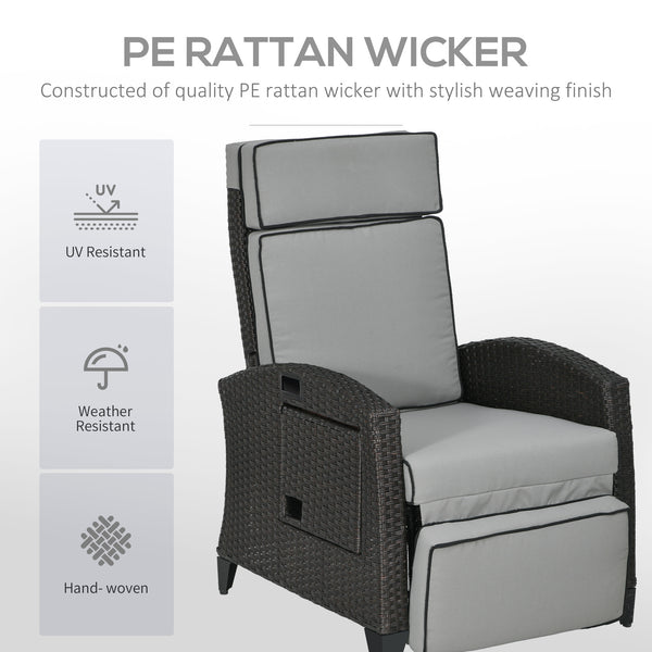 Outdoor Recliner Chair with Adjustable Backrest, Cushion, Side Tray, Light Grey