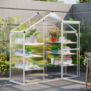 Outdoor polycarbonate greenhouse with 3-tier shelves, sliding door and aluminum frame