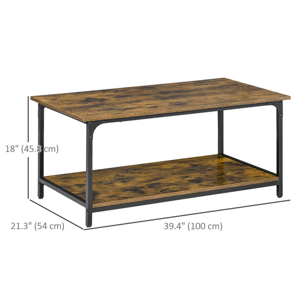 Industrial Coffee Table with 2-Tier Storage Shelf, Rustic Brown