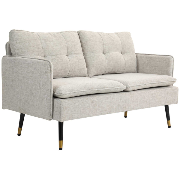 Modern fabric loveseat sofa with tufted back and steel legs, cream white
